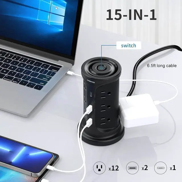 Alt view image 2 of 7 - Extension Cord with Multiple Outlets Surge Protector Tower Power Strip with Surge Protection, Screw Wall Mount Outlet with 12 Ac Outlets with 3 USB Ports(1 USB C),6.5 Ft, Overload Protect for Office