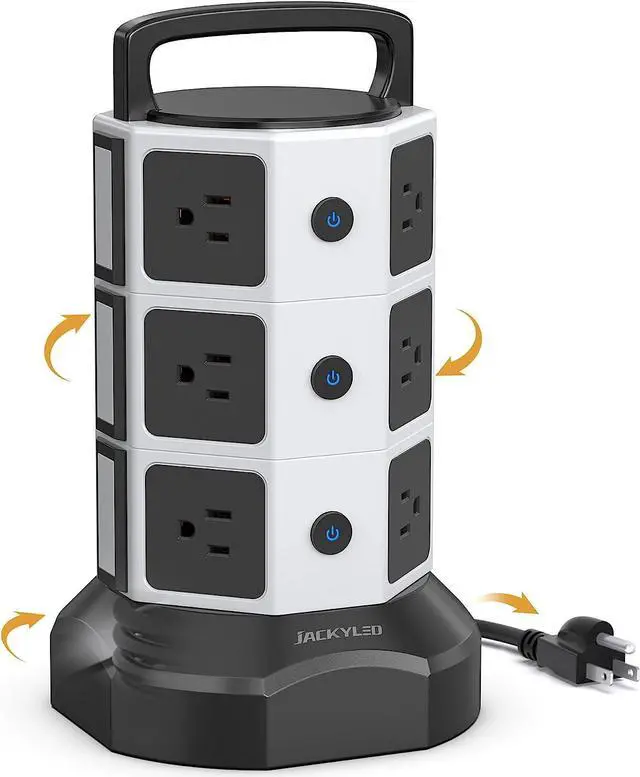 Main image of Power Strip Tower Surge Protector, JACKYLED 1625W 13A Outlet Surge Electric Tower, 12 Outlets 6 USB Ports Retractable Cord Charging Station with 16AWG 6.5ft Heavy Duty Extension Cord for Home Office