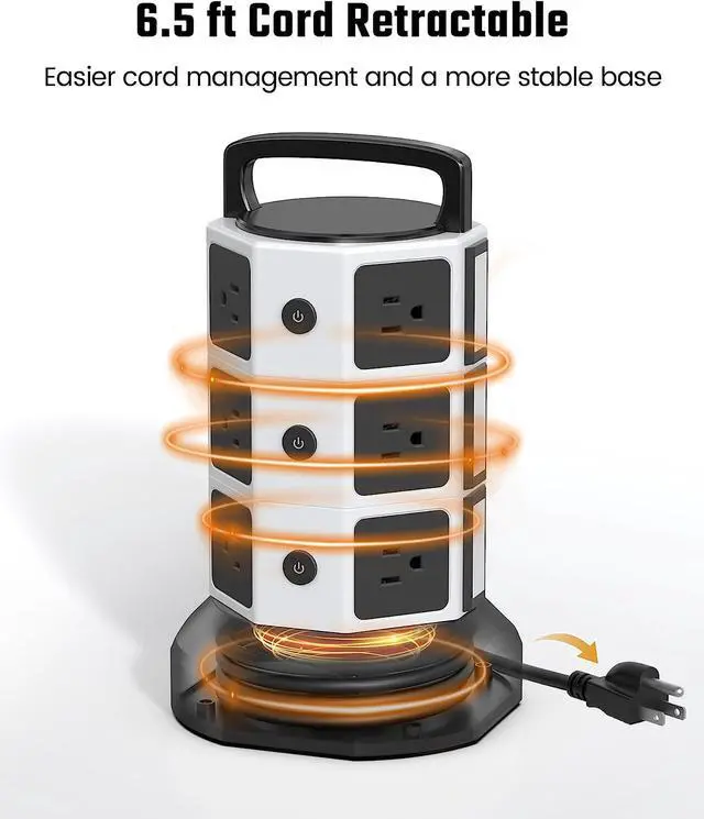 Alt view image 3 of 7 - Power Strip Tower Surge Protector, JACKYLED 1625W 13A Outlet Surge Electric Tower, 12 Outlets 6 USB Ports Retractable Cord Charging Station with 16AWG 6.5ft Heavy Duty Extension Cord for Home Office