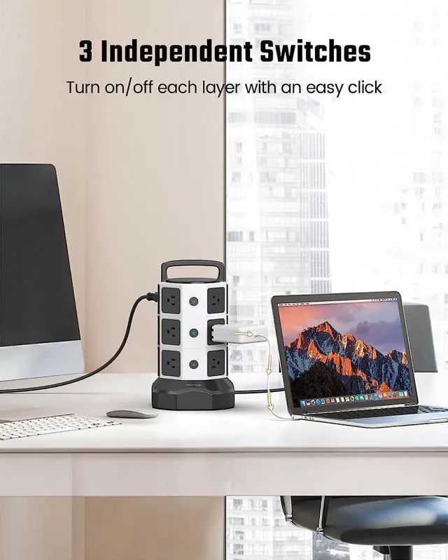 Alt view image 4 of 7 - Power Strip Tower Surge Protector, JACKYLED 1625W 13A Outlet Surge Electric Tower, 12 Outlets 6 USB Ports Retractable Cord Charging Station with 16AWG 6.5ft Heavy Duty Extension Cord for Home Office