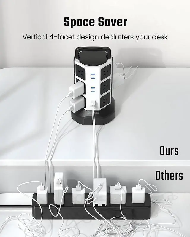 Alt view image 5 of 7 - Power Strip Tower Surge Protector, JACKYLED 1625W 13A Outlet Surge Electric Tower, 12 Outlets 6 USB Ports Retractable Cord Charging Station with 16AWG 6.5ft Heavy Duty Extension Cord for Home Office