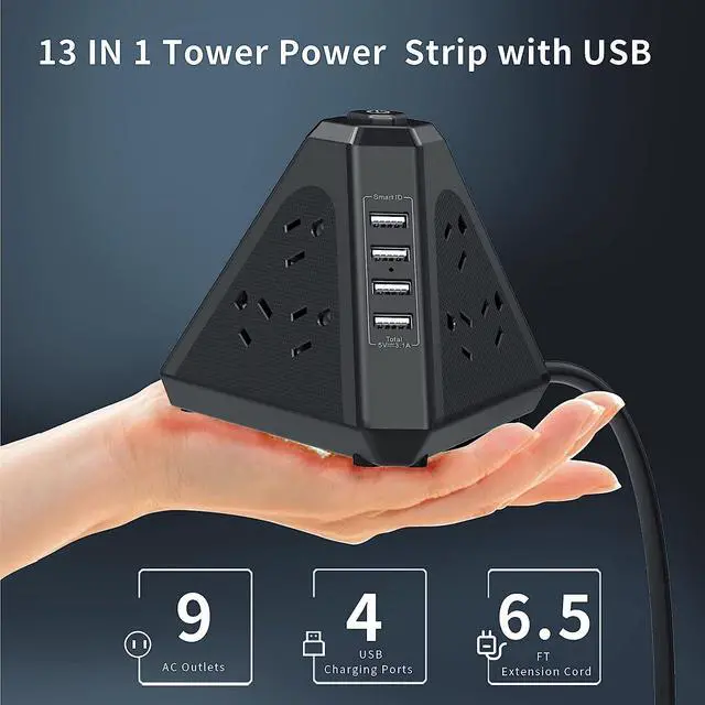 Alt view image 4 of 7 - Power Strip Surge Protector Tower, 3-Side Triangle Outlet with 9 AC Multiple Outlets 4 USB Ports, 6.5 FT Long Extension Cord Outlets Charging Tower with Surge Protection Overload Protection for Office