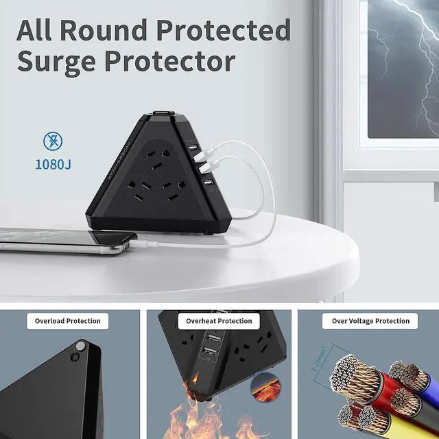Alt view image 6 of 7 - Power Strip Surge Protector Tower, 3-Side Triangle Outlet with 9 AC Multiple Outlets 4 USB Ports, 6.5 FT Long Extension Cord Outlets Charging Tower with Surge Protection Overload Protection for Office