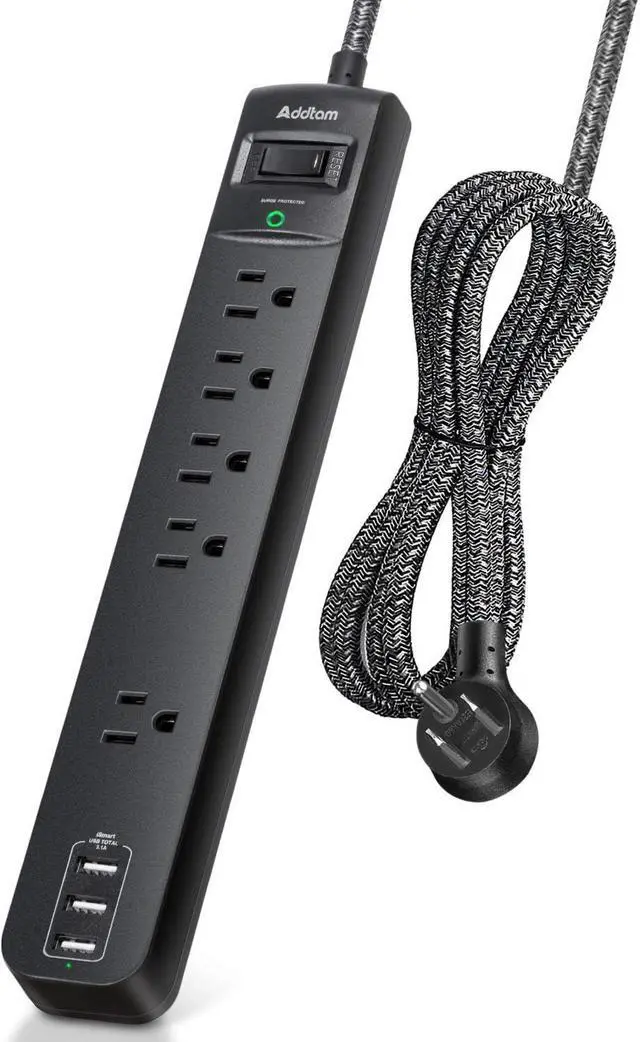 Main image of 10 Ft Power Strip Surge Protector- 5 Outlets 3 USB Ports, Flat Plug Braided Extension Cord, Overload Surge Protection, Wall Mount for Hotel, Home and Office.