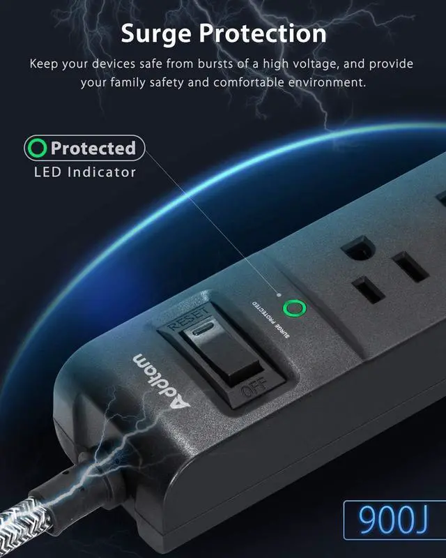Alt view image 4 of 7 - 10 Ft Power Strip Surge Protector- 5 Outlets 3 USB Ports, Flat Plug Braided Extension Cord, Overload Surge Protection, Wall Mount for Hotel, Home and Office.