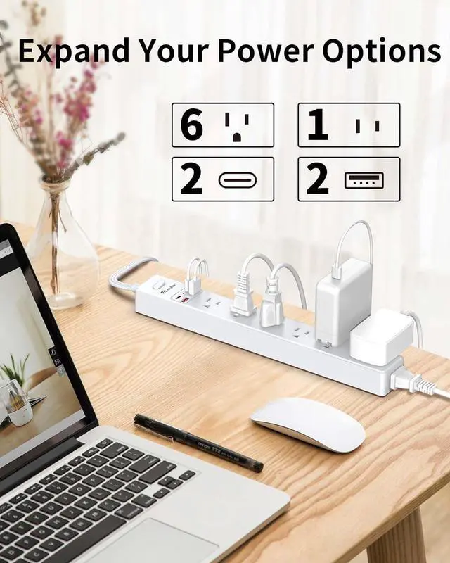Alt view image 5 of 7 - 2 Pack Power Strip Surge Protector - 7 Outlets 4 USB Ports (2 USB C), Maxpw Ultra Thin Flat Extension Cord & Flat Plug, 10 Ft & 6 Ft, 1875W/15A, 1700 Joules, Wall Mount for Home Office Dorm, White