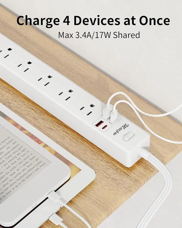 Alt view image 6 of 7 - 2 Pack Power Strip Surge Protector - 7 Outlets 4 USB Ports (2 USB C), Maxpw Ultra Thin Flat Extension Cord & Flat Plug, 10 Ft & 6 Ft, 1875W/15A, 1700 Joules, Wall Mount for Home Office Dorm, White