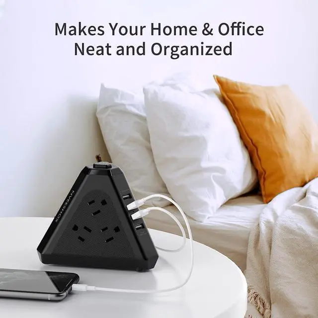 Alt view image 7 of 7 - Power Strip Surge Protector Tower, 3-Side Triangle Outlet with 9 AC Multiple Outlets 4 USB Ports, 6.5 FT Long Extension Cord Outlets Charging Tower with Surge Protection Overload Protection for Office