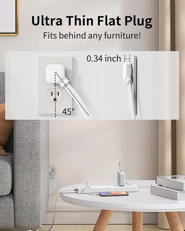 Alt view image 2 of 7 - 2 Pack Power Strip Surge Protector - 7 Outlets 4 USB Ports (2 USB C), Maxpw Ultra Thin Flat Extension Cord & Flat Plug, 10 Ft & 6 Ft, 1875W/15A, 1700 Joules, Wall Mount for Home Office Dorm, White