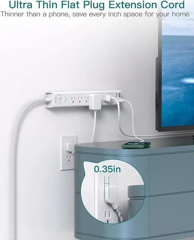 Alt view image 3 of 6 - Power Strip Surge Protector with USB C - Flat Plug Extension Cord with 6 AC Outlets 4 USB (2 USB C), Wall Mount, 5ft, 900 J, Multi Plug Outlet Extender for Home Office Dorm Room Essentials
