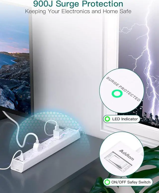 Alt view image 4 of 6 - Power Strip Surge Protector with USB C - Flat Plug Extension Cord with 6 AC Outlets 4 USB (2 USB C), Wall Mount, 5ft, 900 J, Multi Plug Outlet Extender for Home Office Dorm Room Essentials