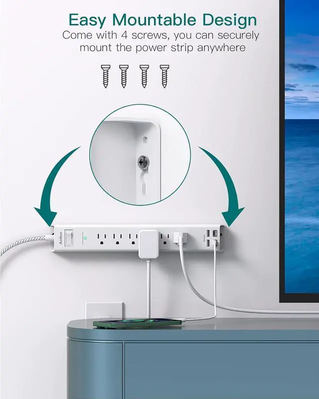 Alt view image 5 of 6 - Power Strip Surge Protector with USB C - Flat Plug Extension Cord with 6 AC Outlets 4 USB (2 USB C), Wall Mount, 5ft, 900 J, Multi Plug Outlet Extender for Home Office Dorm Room Essentials
