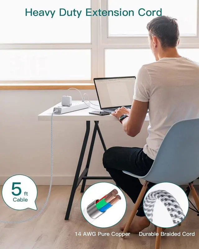 Alt view image 6 of 6 - Power Strip Surge Protector with USB C - Flat Plug Extension Cord with 6 AC Outlets 4 USB (2 USB C), Wall Mount, 5ft, 900 J, Multi Plug Outlet Extender for Home Office Dorm Room Essentials