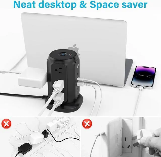 Alt view image 5 of 6 - Flat Plug Power Strip Tower with 9 Outlets and 5 USB Ports (2 USB C), AiJoy Surge Protector with 6.5 Feet 1625W/13A Extension Cord, 1200J Surge Protection for Home Office Supplies Desk Accessories