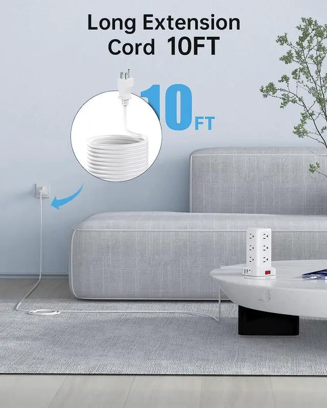 Alt view image 5 of 7 - Surge Protector Power Strip 10 FT Cord, Power Strip Tower with 4 USB Ports (1USB C), Extension Cord with 12 AC Multiple Outlets, Home Office Supplies Desk Accessories, Dorm Room Essentials