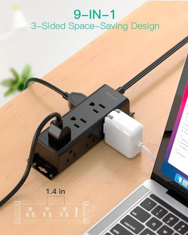 Alt view image 2 of 7 - Power Strip Surge Protector 10Ft - Wall Mount, Flat Plug, Long Extension Cord with Multiple Outlets, 9 Wide Spaced Outlets and 3 Side Design, Overload Protection for Home Office Dorm Black