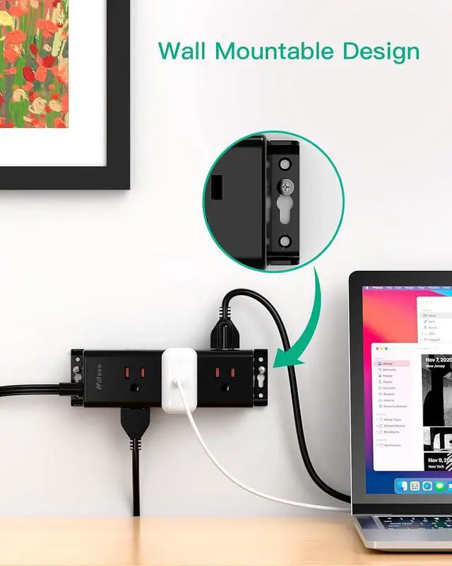 Alt view image 3 of 7 - Power Strip Surge Protector 10Ft - Wall Mount, Flat Plug, Long Extension Cord with Multiple Outlets, 9 Wide Spaced Outlets and 3 Side Design, Overload Protection for Home Office Dorm Black