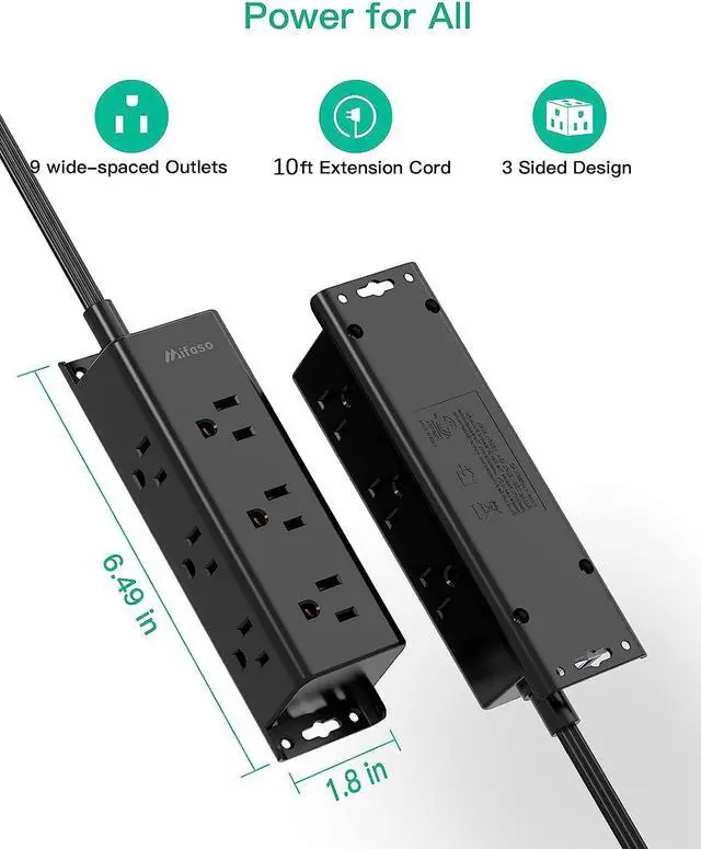Alt view image 7 of 7 - Power Strip Surge Protector 10Ft - Wall Mount, Flat Plug, Long Extension Cord with Multiple Outlets, 9 Wide Spaced Outlets and 3 Side Design, Overload Protection for Home Office Dorm Black