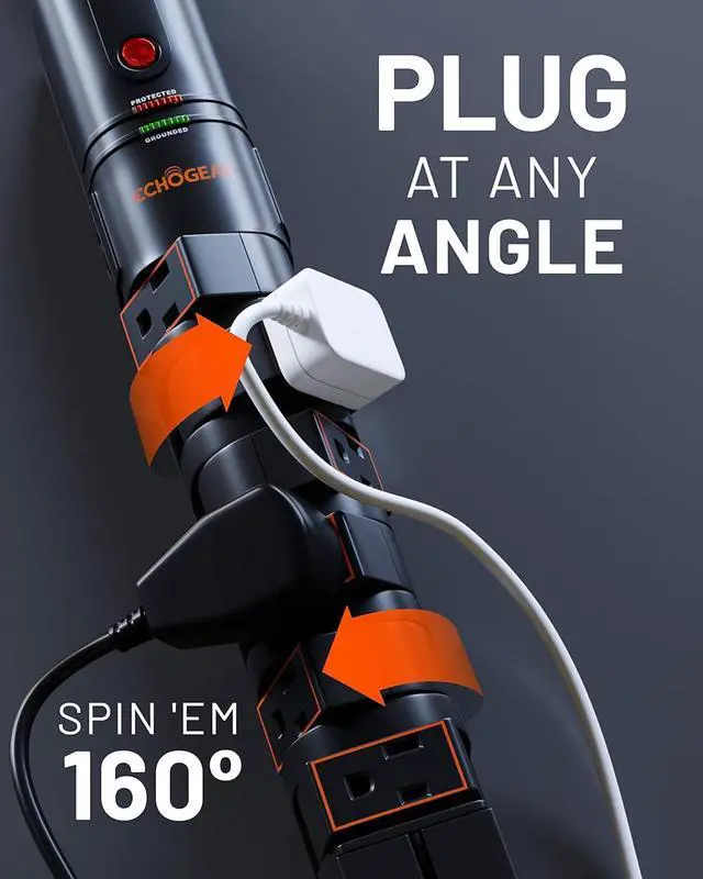 Alt view image 5 of 7 - ECHOGEAR VoltSpin Surge Protector Power Strip with Rotating Outlets, Flat Plug, Long Cord, & Mounting Holes - Power Strip with Heavy Duty Surge Suppression Plus Built-in Cable Management