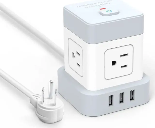 Main image of Power Strip with USB Baykul Flat Plug Extension Cord Cube with 4 Outlets 3 USB Ports 5ft Power Cord Surge Protector Desktop Charging Station Overload Protection Compact Portable for Home Travel Office