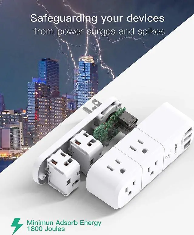 Alt view image 5 of 7 - Surge Protector USB Outlet Extender, 6 AC Multi Plug Outlet and 3 USB Ports (1 USB C), 3-Sided Swivel Power Strip Outlet Splitter for Home, Dorm Room Essentials (2 Pack)