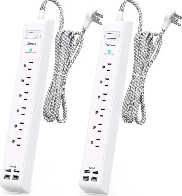 Main image of 2 Pack Power Strip Surge Protector - 6 Outlets 4 USB Charging Ports, 5Ft Braided Extension Cord, Flat Plug, Overload Protection, Wall Mount for Home Office, Dorm Room Essentials