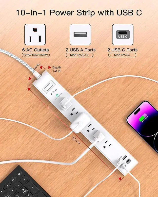 Alt view image 2 of 7 - 2 Pack Power Strip Surge Protector - 6 Outlets 4 USB Charging Ports, 5Ft Braided Extension Cord, Flat Plug, Overload Protection, Wall Mount for Home Office, Dorm Room Essentials