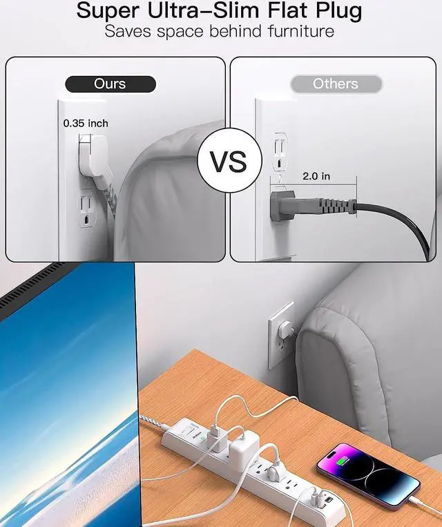 Alt view image 3 of 7 - 2 Pack Power Strip Surge Protector - 6 Outlets 4 USB Charging Ports, 5Ft Braided Extension Cord, Flat Plug, Overload Protection, Wall Mount for Home Office, Dorm Room Essentials