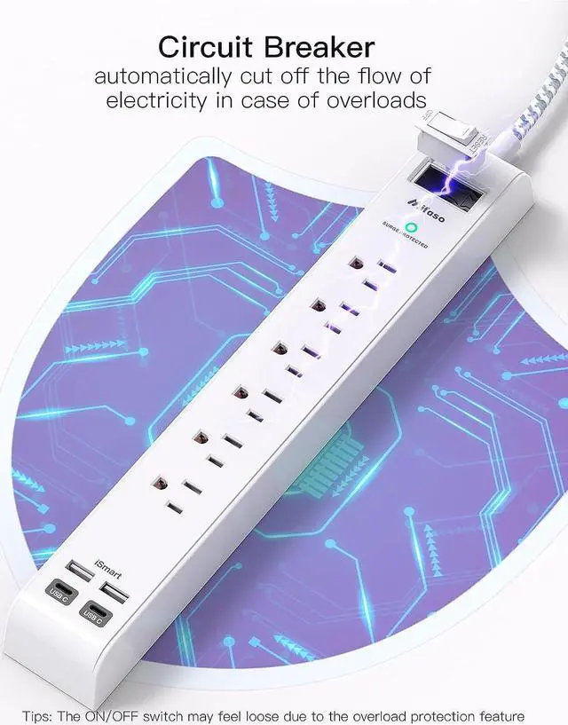 Alt view image 6 of 7 - 2 Pack Power Strip Surge Protector, 6 Outlets 4 USB Ports (2 USB C) 5Ft Long Extension Cords, Flat Plug Overload Protection Outlet Strip, Wall Mount for Home, Office and Dorm Essential, ETL Listed