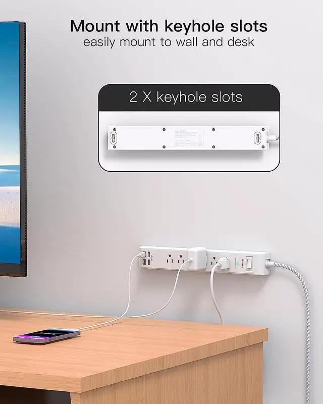 Alt view image 7 of 7 - 2 Pack Power Strip Surge Protector - 6 Outlets 4 USB Charging Ports, 5Ft Braided Extension Cord, Flat Plug, Overload Protection, Wall Mount for Home Office, Dorm Room Essentials