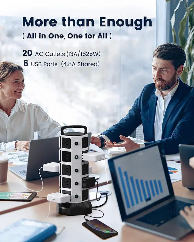 Alt view image 2 of 7 - Power Strip Tower Surge Protector 1050J, JACKYLED 20 AC Outlets 6 USB Ports, 3000W 13A Desktop Electrical Charging Station, 6.5ft Heavy Duty Extension Cord, for Home, Office, Garage, White Black