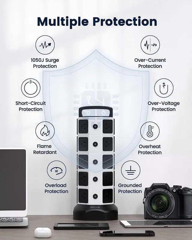 Alt view image 5 of 7 - Power Strip Tower Surge Protector 1050J, JACKYLED 20 AC Outlets 6 USB Ports, 3000W 13A Desktop Electrical Charging Station, 6.5ft Heavy Duty Extension Cord, for Home, Office, Garage, White Black