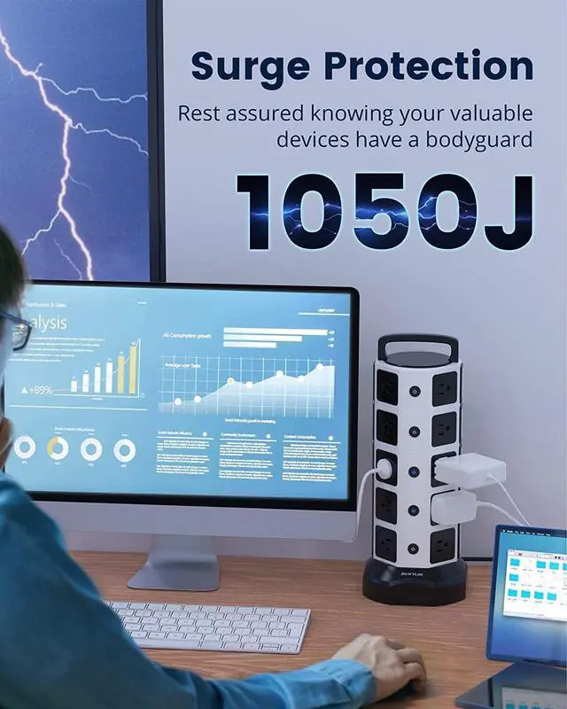 Alt view image 6 of 7 - Power Strip Tower Surge Protector 1050J, JACKYLED 20 AC Outlets 6 USB Ports, 3000W 13A Desktop Electrical Charging Station, 6.5ft Heavy Duty Extension Cord, for Home, Office, Garage, White Black