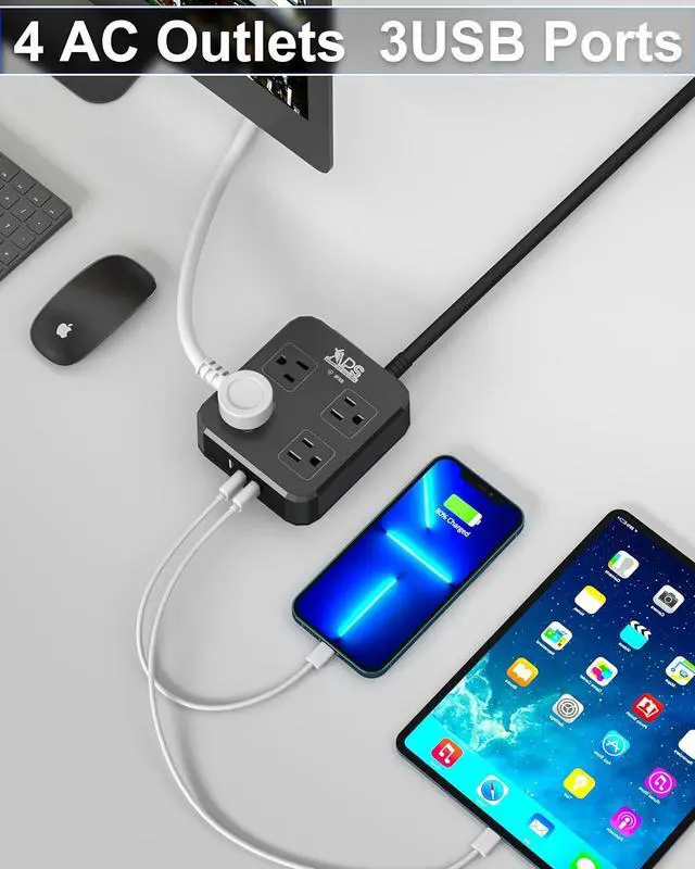 Alt view image 2 of 7 - Outdoor Power Strip Weatherproof, Waterproof Surge Protector with 4 Wide Outlet with 3 USB Ports, 6FT Long Extension Cord,1875W Overload ProtectionOutlet Extender for Christmas Lights ETL Black