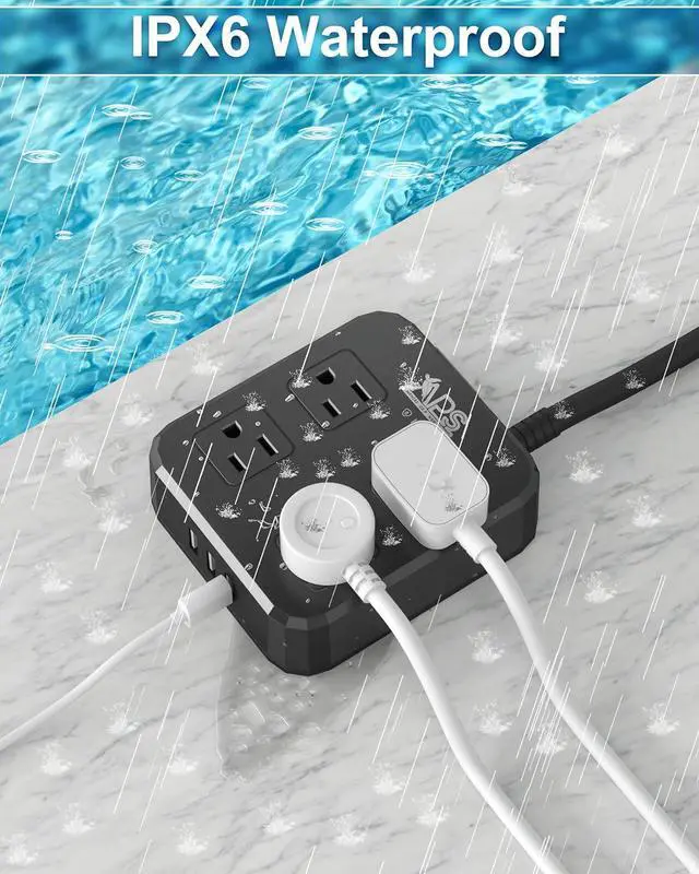 Alt view image 3 of 7 - Outdoor Power Strip Weatherproof, Waterproof Surge Protector with 4 Wide Outlet with 3 USB Ports, 6FT Long Extension Cord,1875W Overload ProtectionOutlet Extender for Christmas Lights ETL Black