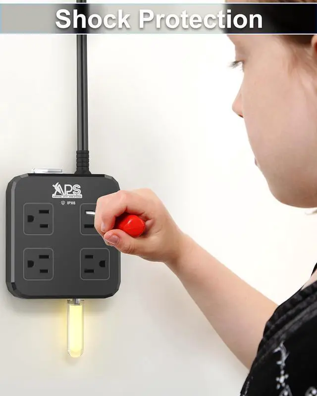 Alt view image 4 of 7 - Outdoor Power Strip Weatherproof, Waterproof Surge Protector with 4 Wide Outlet with 3 USB Ports, 6FT Long Extension Cord,1875W Overload ProtectionOutlet Extender for Christmas Lights ETL Black