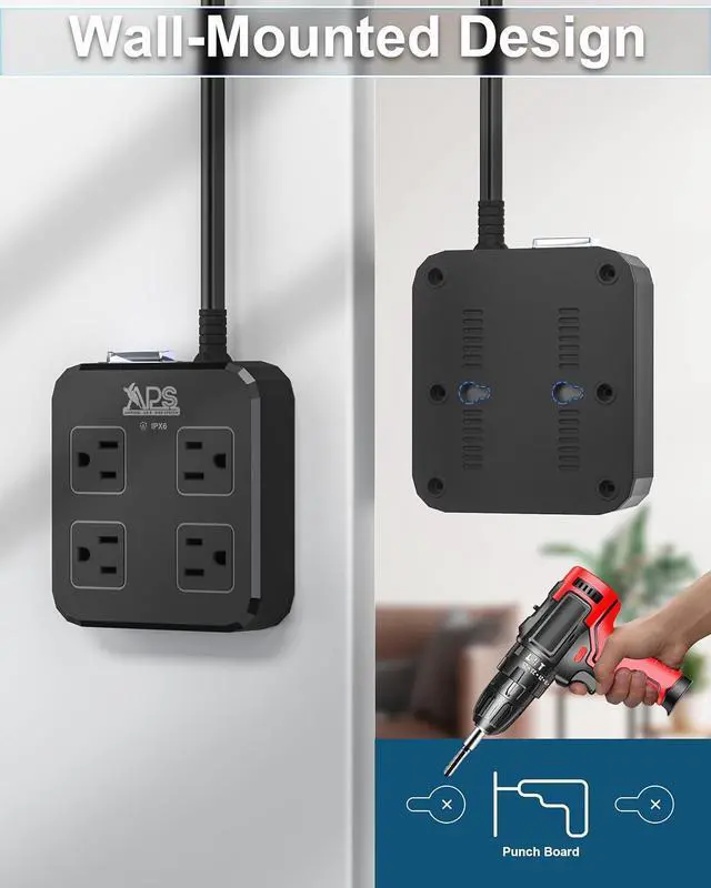 Alt view image 6 of 7 - Outdoor Power Strip Weatherproof, Waterproof Surge Protector with 4 Wide Outlet with 3 USB Ports, 6FT Long Extension Cord,1875W Overload ProtectionOutlet Extender for Christmas Lights ETL Black