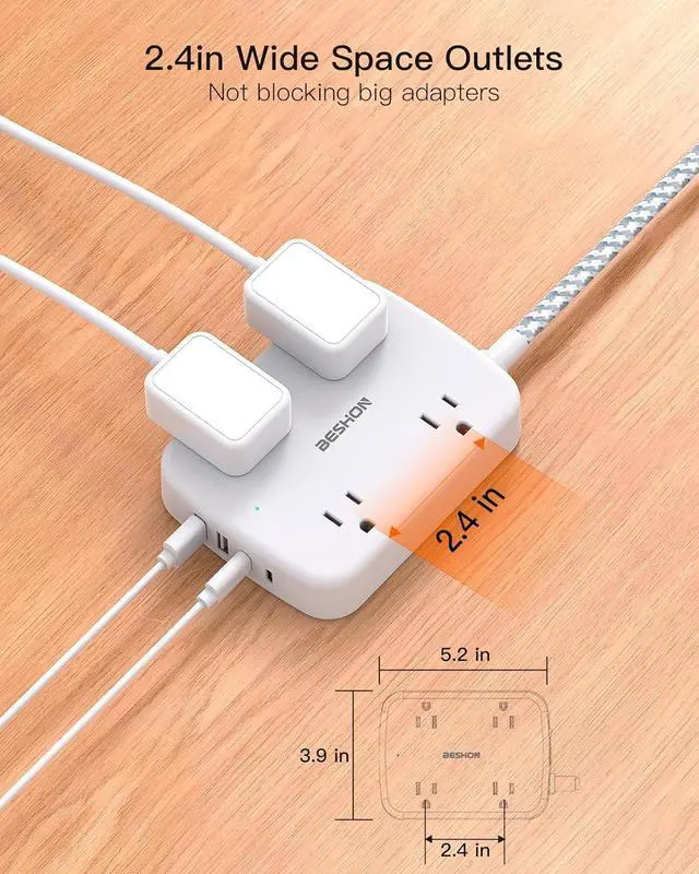 Alt view image 2 of 7 - Surge Protector Power Strip with 2 USB C - 5 Ft Flat Extension Cord Flat Plug Power Strip, 4 Widely Outlets and 4 USB Charging Ports, Outlet Extender, 900 Joules, for Home Office Dorm Room Essentials