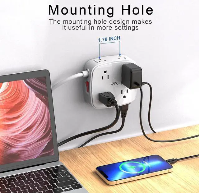 Alt view image 3 of 7 - 10 Ft Surge Protector Power Strip - YISHU 3 Side Outlet Extender with 8 Widely AC Outlets and 4 USB Ports, 10 Feet Extension Cord with Flat Plug, Wall Mount Desk USB Charging Station, ETL,White