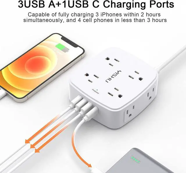 Alt view image 4 of 7 - 10 Ft Surge Protector Power Strip - YISHU 3 Side Outlet Extender with 8 Widely AC Outlets and 4 USB Ports, 10 Feet Extension Cord with Flat Plug, Wall Mount Desk USB Charging Station, ETL,White