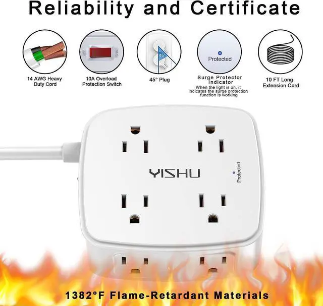 Alt view image 6 of 7 - 10 Ft Surge Protector Power Strip - YISHU 3 Side Outlet Extender with 8 Widely AC Outlets and 4 USB Ports, 10 Feet Extension Cord with Flat Plug, Wall Mount Desk USB Charging Station, ETL,White