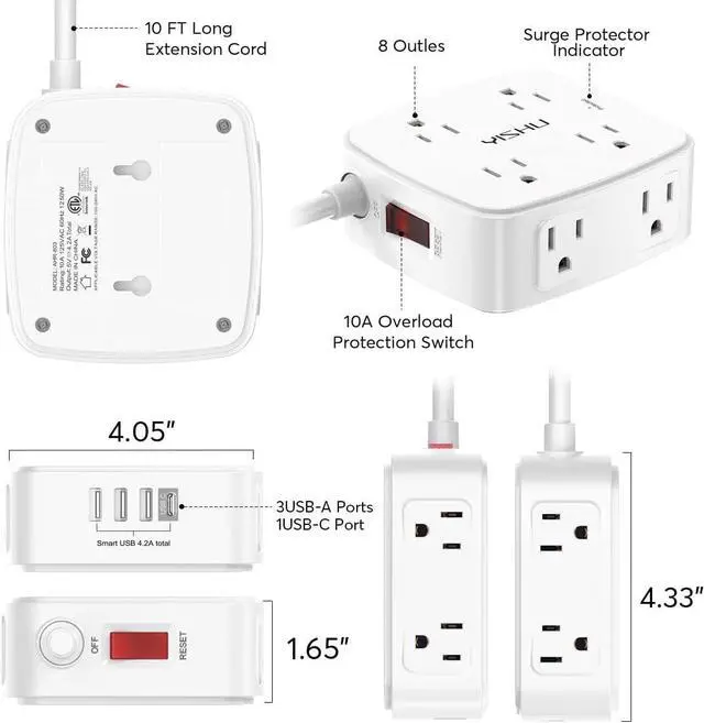 Alt view image 7 of 7 - 10 Ft Surge Protector Power Strip - YISHU 3 Side Outlet Extender with 8 Widely AC Outlets and 4 USB Ports, 10 Feet Extension Cord with Flat Plug, Wall Mount Desk USB Charging Station, ETL,White
