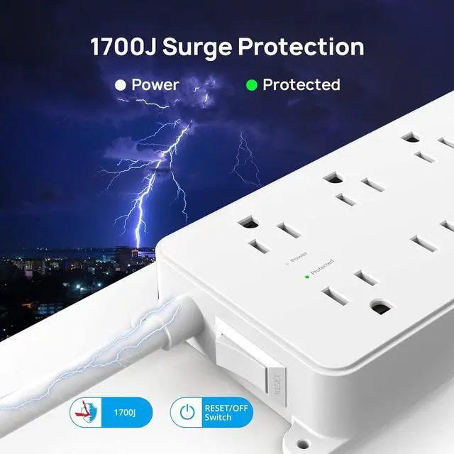 Alt view image 4 of 7 - TROND Power Strip Surge Protector, 7 Widely Spaced Outlets with 2 USB A and 1 USB C, ETL Listed 1700J, Wall Mount, Flat Plug 5ft Extension Cord 14AWG Heavy Duty, for Home, Office Garage, White