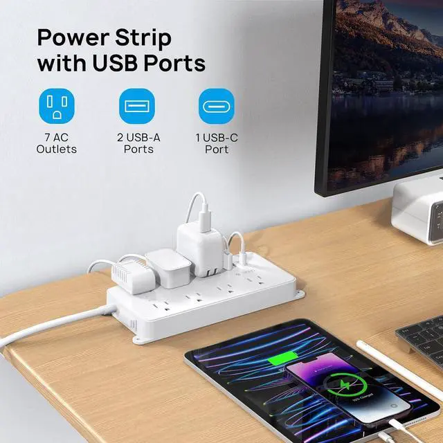 Alt view image 7 of 7 - TROND Power Strip Surge Protector, 7 Widely Spaced Outlets with 2 USB A and 1 USB C, ETL Listed 1700J, Wall Mount, Flat Plug 5ft Extension Cord 14AWG Heavy Duty, for Home, Office Garage, White