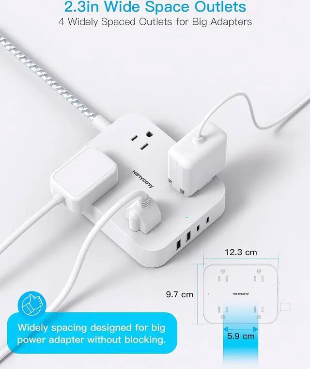 Alt view image 5 of 7 - 10 Ft Extension Cord, HANYCONY Ultra Thin Flat Power Strip with 4 Outlets 4 USB Ports (2 USB C), Wall Mount, Multi Plug Outlet Extender Desk Charging Station for Office Travel Dorm Room Essentials