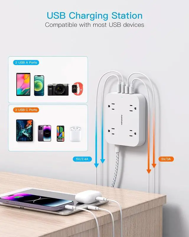 Alt view image 3 of 7 - 10 Ft Extension Cord, HANYCONY Ultra Thin Flat Power Strip with 4 Outlets 4 USB Ports (2 USB C), Wall Mount, Multi Plug Outlet Extender Desk Charging Station for Office Travel Dorm Room Essentials