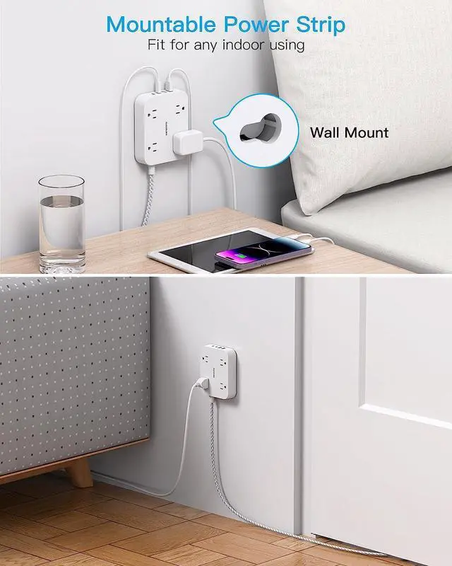 Alt view image 6 of 7 - 10 Ft Extension Cord, HANYCONY Ultra Thin Flat Power Strip with 4 Outlets 4 USB Ports (2 USB C), Wall Mount, Multi Plug Outlet Extender Desk Charging Station for Office Travel Dorm Room Essentials