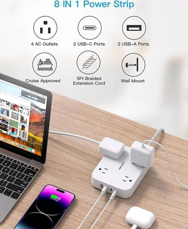 Alt view image 6 of 7 - Flat Plug Extension Cord, 5ft Power Strip with 4 USB Ports(2 USB C), 4 Widely Outlets Extender, Wall Mount, Desk Charging Station for Office, School, Travel and Dorm Room Essentials, White, ETL Listed