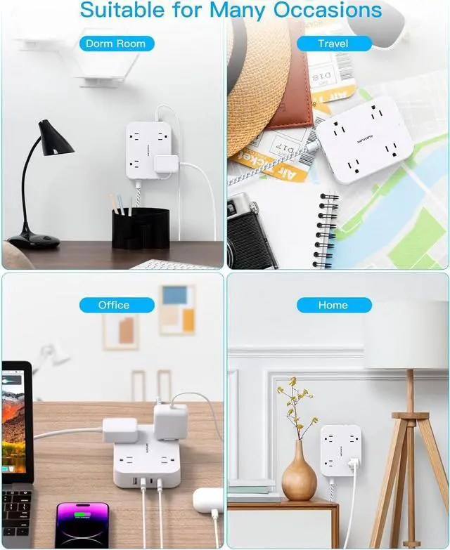 Alt view image 7 of 7 - 10 Ft Extension Cord, HANYCONY Ultra Thin Flat Power Strip with 4 Outlets 4 USB Ports (2 USB C), Wall Mount, Multi Plug Outlet Extender Desk Charging Station for Office Travel Dorm Room Essentials