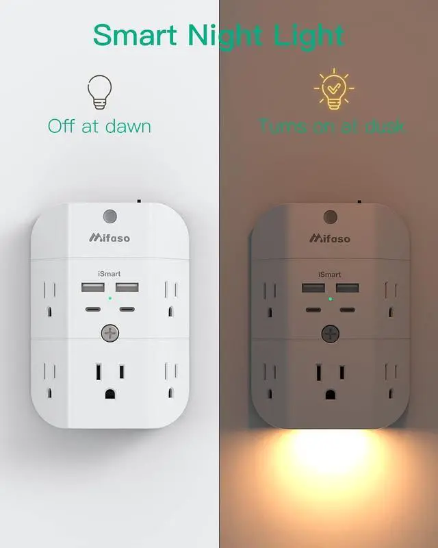 Alt view image 2 of 7 - Surge Protector Outlet Extender - with Night Light, 5-Outlet Splitter and 4 USB Ports (2 USB C Charger), Multi Plug Outlet for Home, Dorm Room Essentials